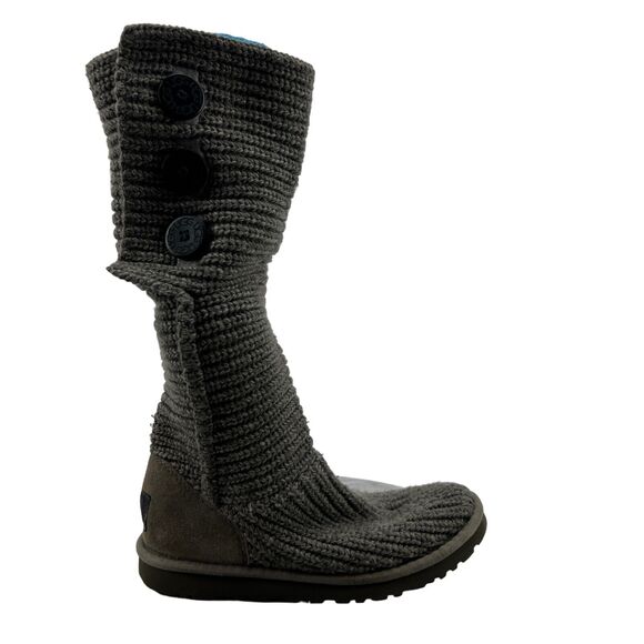 UGG Shoes - UGG Classic Cardy Boot Womens 7 Gray Wool Knit Tall Foldover Slouch Button